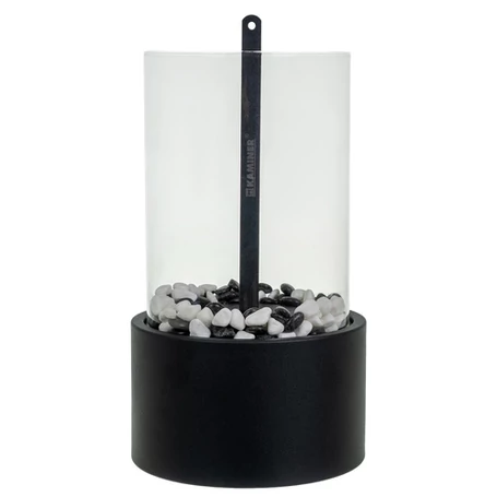 Szabadon álló BIO kandalló otthonra és teraszra, füstmentes, bioetanol bioüzemanyaggal működő, üvegfallal, hőtartó kavicsággyal, 28 x 16 x 16 cm, fekete