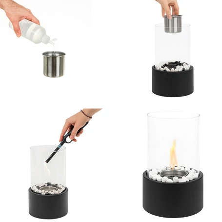 Szabadon álló BIO kandalló otthonra és teraszra, füstmentes, bioetanol bioüzemanyaggal működő, üvegfallal, hőtartó kavicsággyal, 28 x 16 x 16 cm, fekete