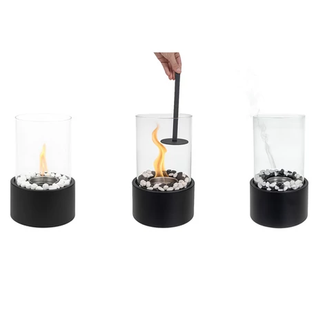 Szabadon álló BIO kandalló otthonra és teraszra, füstmentes, bioetanol bioüzemanyaggal működő, üvegfallal, hőtartó kavicsággyal, 28 x 16 x 16 cm, fekete