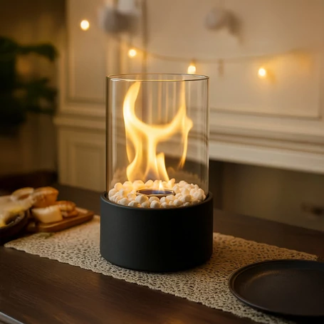 Szabadon álló BIO kandalló otthonra és teraszra, füstmentes, bioetanol bioüzemanyaggal működő, üvegfallal, hőtartó kavicsággyal, 28 x 16 x 16 cm, fekete