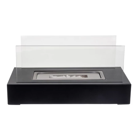 Szabadon álló BIO kandalló otthonra és teraszra, füstmentes, bioetanol bioüzemanyaggal működő, üvegfallal, hőtartó kavicsággyal, 35 x 18 x 17 cm, fekete