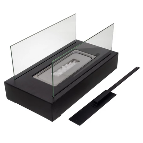 Szabadon álló BIO kandalló otthonra és teraszra, füstmentes, bioetanol bioüzemanyaggal működő, üvegfallal, hőtartó kavicsággyal, 35 x 18 x 17 cm, fekete