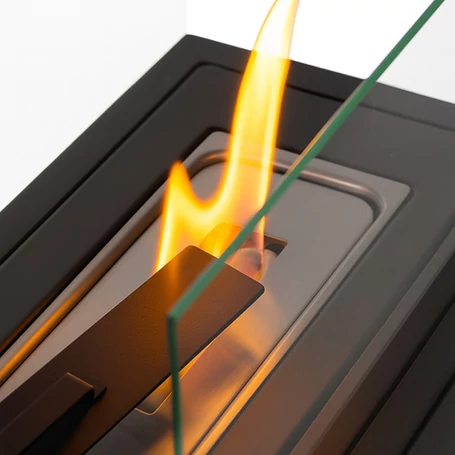 Szabadon álló BIO kandalló otthonra és teraszra, füstmentes, bioetanol bioüzemanyaggal működő, üvegfallal, hőtartó kavicsággyal, 35 x 18 x 17 cm, fekete