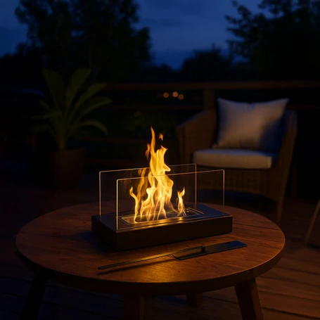 Szabadon álló BIO kandalló otthonra és teraszra, füstmentes, bioetanol bioüzemanyaggal működő, üvegfallal, hőtartó kavicsággyal, 35 x 18 x 17 cm, fekete