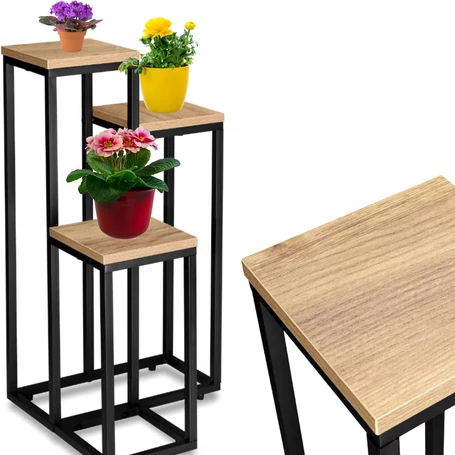 Háromszintes, stabil fém, loft stílusú, nyitott virágtartó, fekete, 15 kg teherbírással