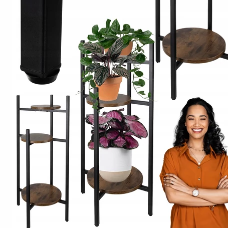 3 szintes, loft stílusú, stabil fém virágállvány,  fekete, 81 cm magas, 45 kg teherbírással