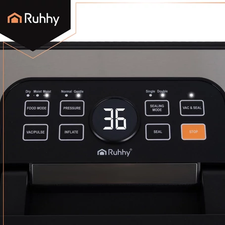 Fóliahegesztő és vákuumozó készülék beépített fóliaadagolóval, élelmiszer-csomagoló gép érintőgombos vezérléssel, 95 kPa és 125 W teljesítménnyel, kettős szivattyú és kettős tömítéssel, fekete - szürke