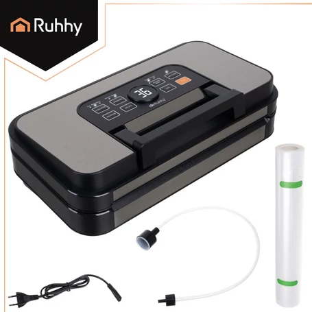 Fóliahegesztő és vákuumozó készülék beépített fóliaadagolóval, élelmiszer-csomagoló gép érintőgombos vezérléssel, 95 kPa és 125 W teljesítménnyel, kettős szivattyú és kettős tömítéssel, fekete - szürke