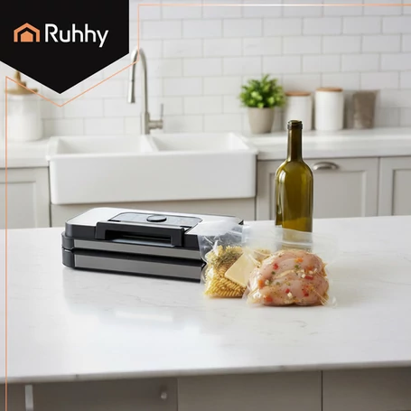 Fóliahegesztő és vákuumozó készülék beépített fóliaadagolóval, élelmiszer-csomagoló gép érintőgombos vezérléssel, 95 kPa és 125 W teljesítménnyel, kettős szivattyú és kettős tömítéssel, fekete - szürke