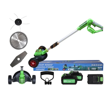 Segédkerekes szegélyvágó/fűkasza teleszkópos nyéllel, 2db akksival + fém vágókés, vágótárcsa