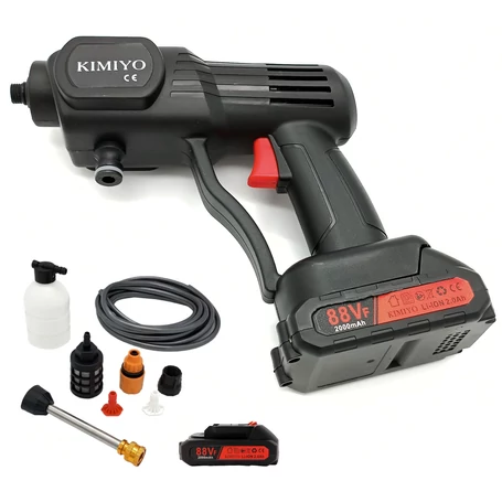 Akkumulátoros magasnyomású mosó, vezeték nélküli működés, 2 db 88V akkuval, 3 féle szórófejjel