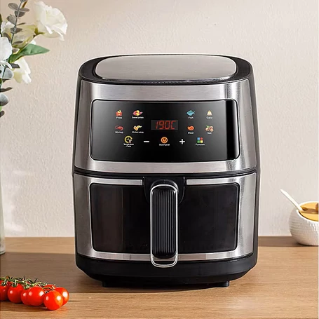 Air fryer, olaj nélküli forrólevegős sütő betekintőablakkal, 8 literes, 2400W, fekete