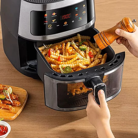Air fryer, olaj nélküli forrólevegős sütő betekintőablakkal, 8 literes, 2400W, fekete