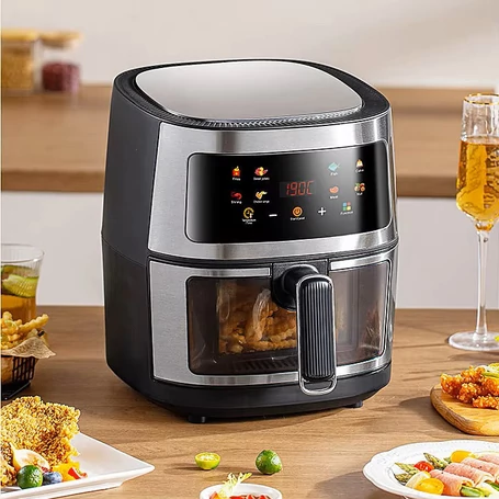 Air fryer, olaj nélküli forrólevegős sütő betekintőablakkal, 8 literes, 2400W, fekete