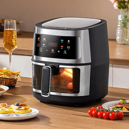 Air fryer, olaj nélküli forrólevegős sütő betekintőablakkal, 8 literes, 2400W, fekete