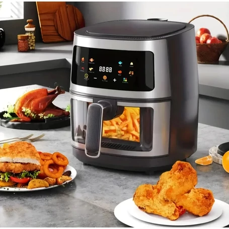 Air fryer, olaj nélküli forrólevegős sütő betekintőablakkal, 8 literes, 2400W, fekete