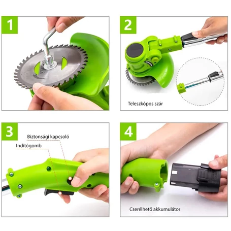 Kiyoshi akkumulátoros szegélynyíró, fűkasza teleszkópos nyéllel, 2 db 24V akkuval, 7 db vágópengével