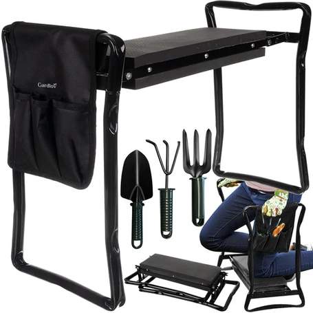 ​Összecsukható kerti térdelő kapaszkodóval, sámlivá és székké alakítható, kerti szerszámokkal és szerszámtartóval, fekete