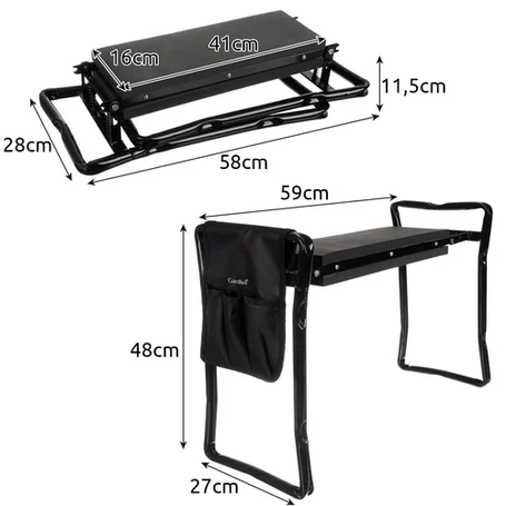 ​Összecsukható kerti térdelő kapaszkodóval, sámlivá és székké alakítható, kerti szerszámokkal és szerszámtartóval, fekete