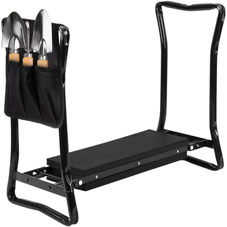 ​Összecsukható kerti térdelő kapaszkodóval, sámlivá és székké alakítható, kerti szerszámokkal és szerszámtartóval, fekete