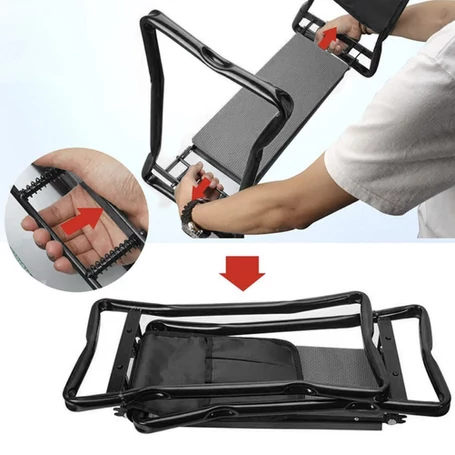 ​Összecsukható kerti térdelő kapaszkodóval, sámlivá és székké alakítható, kerti szerszámokkal és szerszámtartóval, fekete