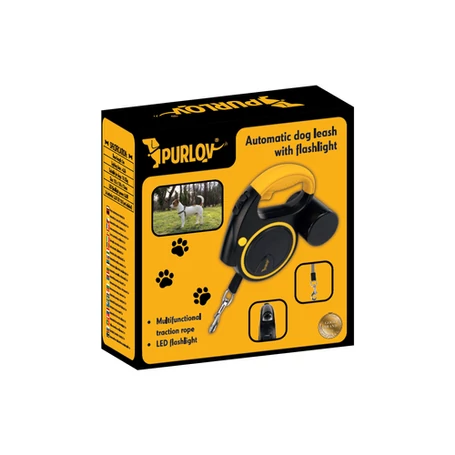Automatikus fékezhető kutyapóráz 10–25 kg-ig, LED-es zseblámpával, zacskó tartóval, 5 m hosszúságú
