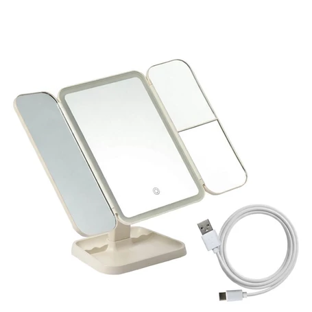 LED megvilágítású kozmetikai sminktükör, 3 részes összehajtható kialakítás, 2x és 3x nagyítás, állítható színhőmérséklet, usb-c töltés