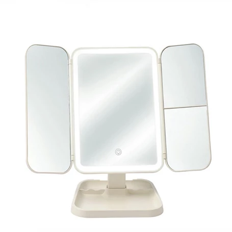 LED megvilágítású kozmetikai sminktükör, 3 részes összehajtható kialakítás, 2x és 3x nagyítás, állítható színhőmérséklet, usb-c töltés
