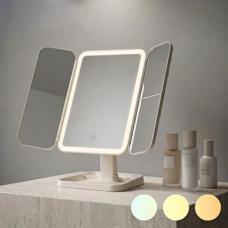 LED megvilágítású kozmetikai sminktükör, 3 részes összehajtható kialakítás, 2x és 3x nagyítás, állítható színhőmérséklet, usb-c töltés