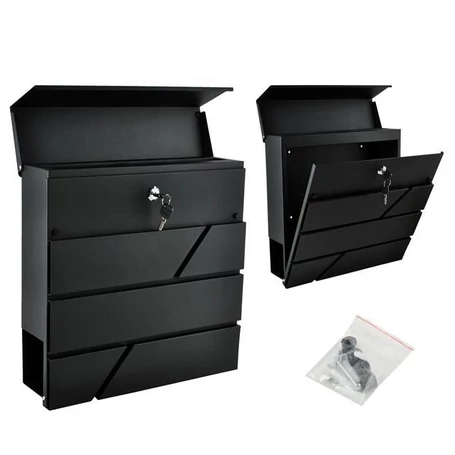 Fém postaláda, levélszekrény újságtartóval, vízálló, függönyborítással, zárható, antracit színben