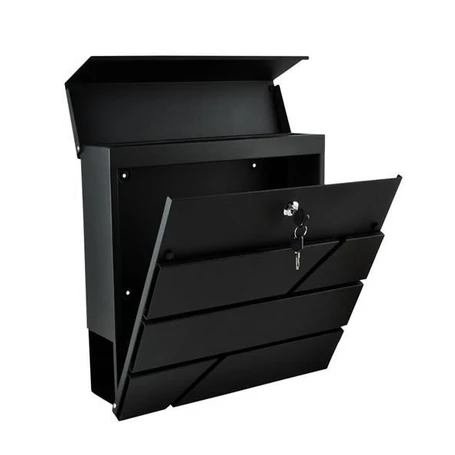 Fém postaláda, levélszekrény újságtartóval, vízálló, függönyborítással, zárható, antracit színben