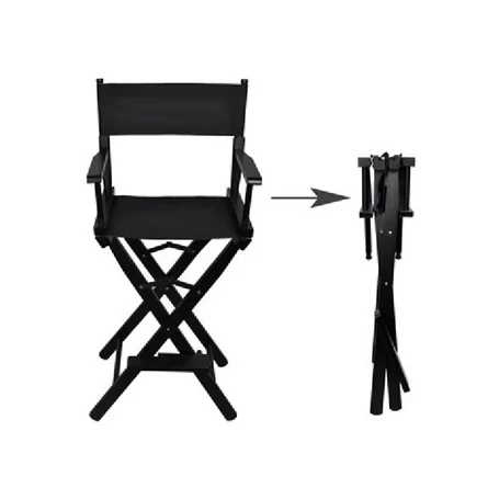 Összecsukható professzionális sminkszék, fekete, ergonomikus kartámaszokkal, lábtartóval, fa vázzal, 600D Oxford huzattal