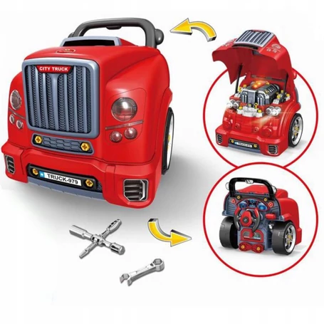 Mechanikai készlet autóval, szétszedhető motorral hang- és fényhatásokkal teljes szerszámkészlettel oktató játék 3 éves kortól 