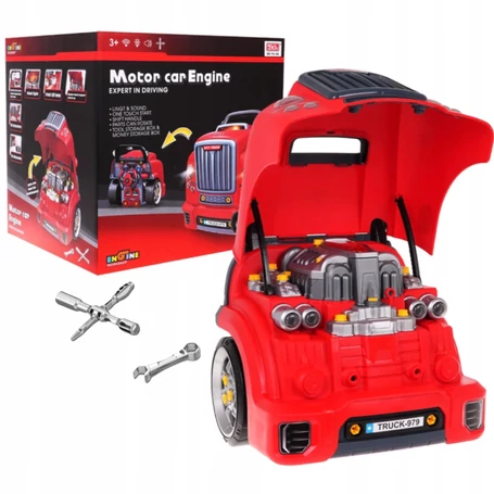 Mechanikai készlet autóval, szétszedhető motorral hang- és fényhatásokkal teljes szerszámkészlettel oktató játék 3 éves kortól 