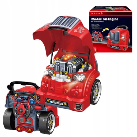 Mechanikai készlet autóval, szétszedhető motorral hang- és fényhatásokkal teljes szerszámkészlettel oktató játék 3 éves kortól 