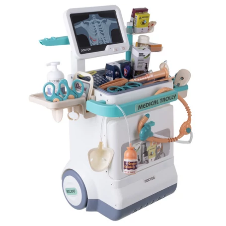 Gyermek orvosi készlet kerekes kocsival ECG és röntgen panellel hang és fényhatásokkal 26 darabos interaktív orvosi állomás 