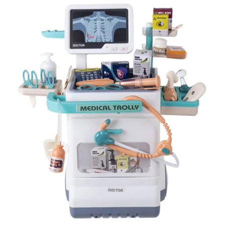 Gyermek orvosi készlet kerekes kocsival ECG és röntgen panellel hang és fényhatásokkal 26 darabos interaktív orvosi állomás 
