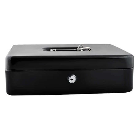 Fém pénztartó doboz, pénzkazetta, aprópénztartóval, 2 db kulccsal, fekete színben
