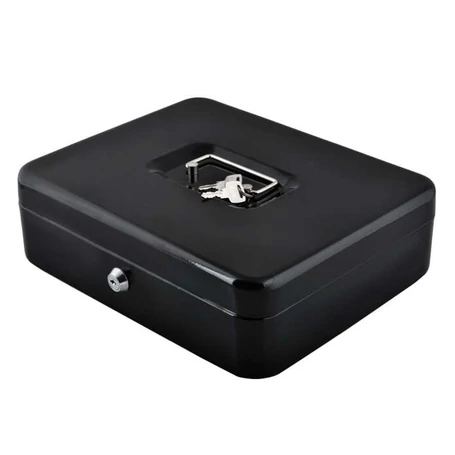 Fém pénztartó doboz, pénzkazetta, aprópénztartóval, 2 db kulccsal, fekete színben