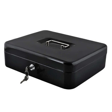 Fém pénztartó doboz, pénzkazetta, aprópénztartóval, 2 db kulccsal, fekete színben