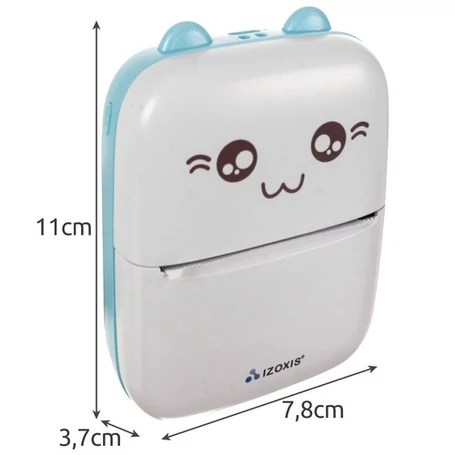 Mini hőpapíros nyomtató, Bluetooth kapcsolattal, USB csatlakozással, 10+1 tekercs papírral, cicamintás, kék-fehér színben