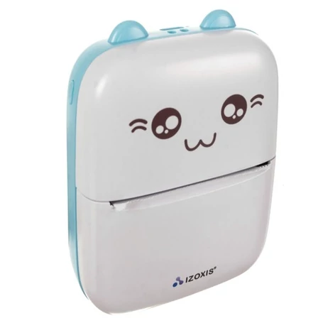 Mini hőpapíros nyomtató, Bluetooth kapcsolattal, USB csatlakozással, 10+1 tekercs papírral, cicamintás, kék-fehér színben