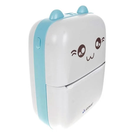 Mini hőpapíros nyomtató, Bluetooth kapcsolattal, USB csatlakozással, 10+1 tekercs papírral, cicamintás, kék-fehér színben