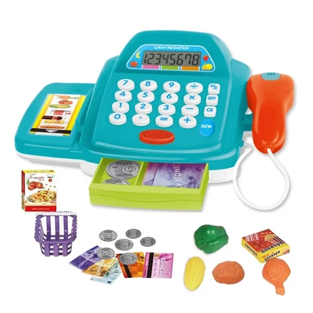 Játék pénztárgép, játékpénzekkel, bankkártyával, élelmiszerekkel, kék