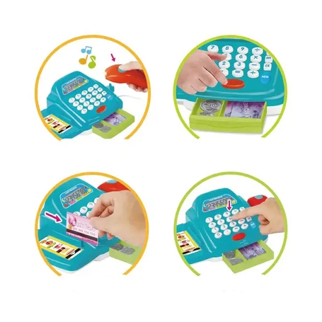 Játék pénztárgép, játékpénzekkel, bankkártyával, élelmiszerekkel, kék