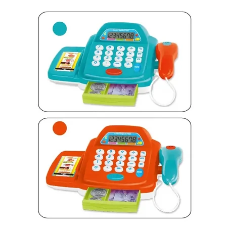 Játék pénztárgép, játékpénzekkel, bankkártyával, élelmiszerekkel, piros