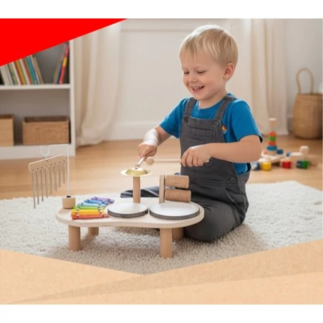Fából készült többfunkciós készségfejlesztő hangszerasztal, zeneasztal, Montessori-elven alapuló, 3 éves kortól
