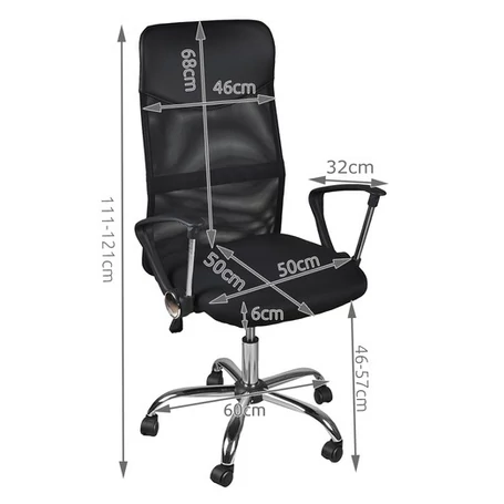 Forgatható, ergonómikus irodai karosszék magas háttámlával, krómozott lábakkal, 130 kg teherbírással, fekete színben