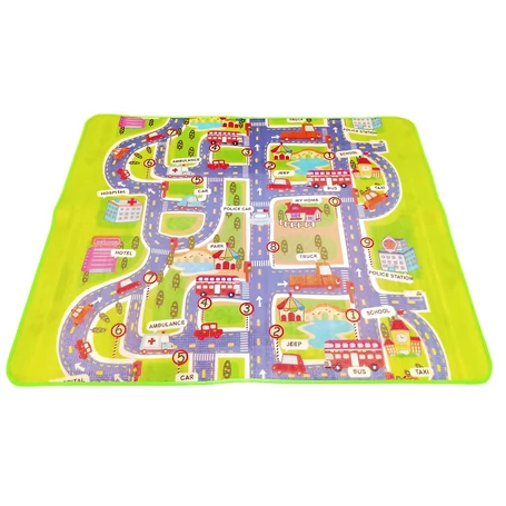 Kétoldalas játszószőnyeg, városi úthálózat és erdei állatvilág mintával, 145×180 cm