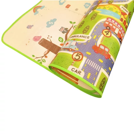 Kétoldalas játszószőnyeg, városi úthálózat és erdei állatvilág mintával, 145×180 cm